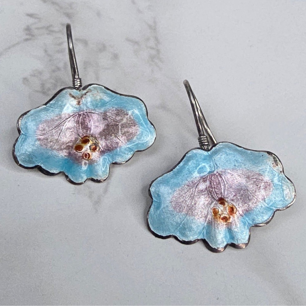 Enamel Pansy 925 Sterling Silver Earrings Flower Dangle Blue Purple Floral 3g